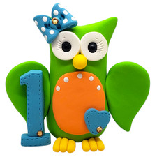 Owl #1 Cake Topper Handmade Polymer Clay Green Orange Blue Bow Rhinestones
