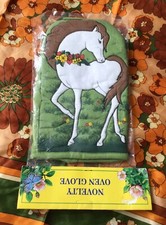Vintage White Horse With Floral Garland Single Oven Glove With Hanging Loop 70s