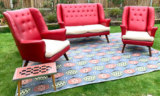 Vintage sofa armchairs 50s 60s vinyl leatherette button back wingback rockabilly