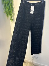 Zara Alina Black Velvet Embroidered Wide Trousers Floral Broderie Anglaise. XL