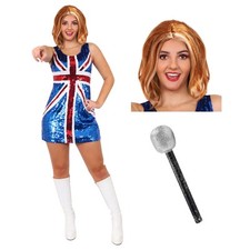 UNION JACK SEQUIN LADIES DRESS GINGER WIG MICROPHONE 90S BRITAIN FANCY DRESS