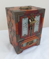 Vintage Chinese Wooden Jewellery Box -  Brass & Jade Decoration - Lined Drawers
