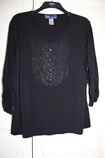 Susan Graver Black Stretchy Top with Beading/Studding and 3/4 Sleeves, Size XL