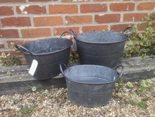 3 Vintage Oval Style Grey Zinc Galvanised Metal Garden Flower Planter Tub Pot