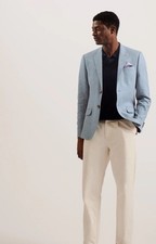 TED BAKER Suit Jacket Blazer Mens TB 3 UK M Damaskj Blue Linen Mix Long Sleeve