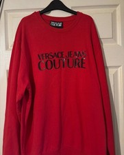 VERSACE JEANS COUTURE Sweatshirt Mens Shiny Logo Fleece Crew Neck Red Size XL
