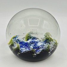 Large 8 cm Vintage Glass Paperweight – Blue & Green Coral Design, Hand-Made