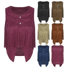 Women Faux Suede Sleeveless Tassels Fringed Vest Waistcoat Jacket Hippie Costume
