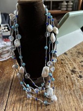 Long Fresh Water Pearls  Clear Crystal Blue Turquoise Colour Stones Necklace