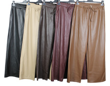 NEW LADIES  FAUX LEATHER LOOK WIDE LEG ELASTICATED WAIST TROUSERS WITH POCKETS