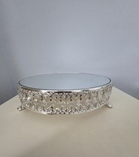 European Style Silver Cake Stand Round Metal Dessert Display Mirrored Glass Top