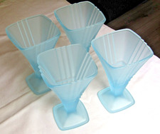 4 Art Deco Fidenza Italy Ice Blue Frosted Satin Glass Pedestal sundae dishes