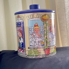 Tetley Teafolk House Vintage Round Biscuit Storage Container Barrel Tin