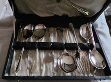 Cased Set Of Silver Plated dessert Forks And Spoons W Serving Spoon  SHEFFIELD