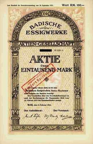 Badische essigwerke 1922 kehl - badische,