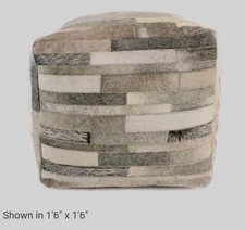 $590 Bashian STRIATIONS Genuine Grey COWHIDE 16" Cube Pouf Ottoman LKNU Cond