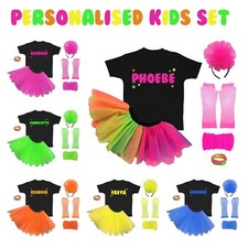 Kids 80s Fancy Dress  Neon Costume Personalise Set Girls 4 - 12 Years Glow Party
