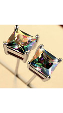 Mystic Rainbow Topaz S925 Silver Cut Cubic Zircon Stud Earrings ROUND & Square