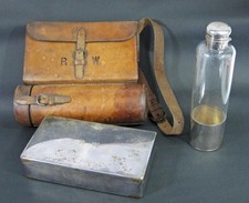 ANTIQUE HUNTING CANTEEN FLASK & SANDWICH TIN in LEATHER CASE MERRY of ST JAMES'S