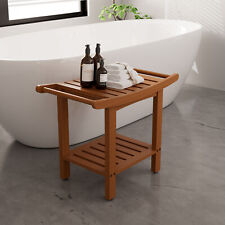 2-Tier Slatted Shower Bench Pine Wood Shelves Storage Seat Stool Non-Slip Chairs