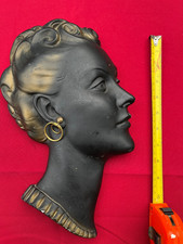 Vintage Chalk ware Art Deco Lady Wall Plaque Black Gold 1930s Retro 
