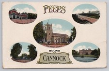 Cannock Multi-view Peeps Market Place Church Hatherton Hall Postcard c.1908