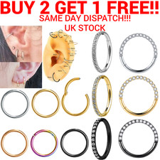 Clicker Hoop Nose Ring Diamante CZ Septum Hinged Cartilage Helix Daith Tragus UK