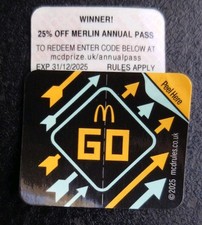 McDonalds Monopoly Ticket For 25% Off For An Annual Merlin Pass UK Alton Towers 