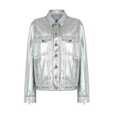 Men's Silver Genuine Lambskin Leather Trucker Jacket Denim Style Coat Jacket