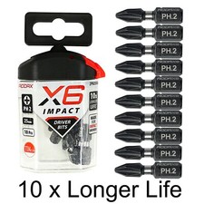 10 no. 25mm PH2 X6-IMPACT - 10x longer life screwdriver bits TIMco 2PH25x6