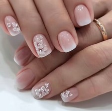 24 Short Square Pink and White Ombré with Flowers Press On False Nails Brand New