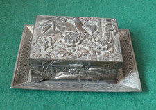 Charming Vintage Japanese Raised Relief Metal Trinket Box and Matching Tray