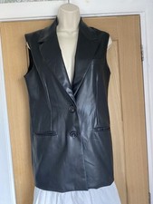Primark Black Faux Leather Long Length Waistcoat Sleeveless Jacket S8