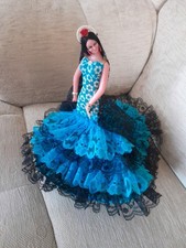 Vintage Spanish Doll Flamenco Turquoise Black Lace Dress 10" High