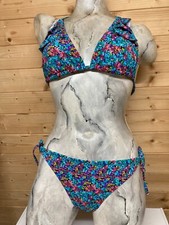 TRIANGLE SOFT CUP BIKINI BREIF SET TIE NECK/BACK SIZE 12 BLUE FLORAL PRINT
