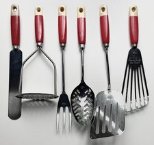 6 x Vintage Prestige Skyline? Chrome Cream & Red Wooden Handle Kitchen Utensils.