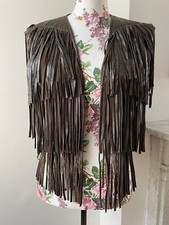 1970s Brown Leather western Fringed Hippie Boho Tassel waistcoat  Jacket UK 8-12