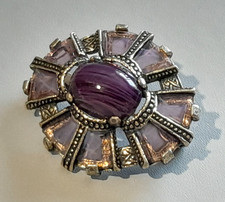 Vintage Gold Tone Miracle Brooch with Purple Stone - Signed