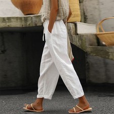 Women Cotton Linen Harem Pants Elastic Waist Loose Casual Pockets Trousers Size