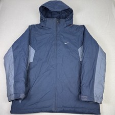 Vintage Nike Jacket Mens Large Blue Two Tone Hooded Puffer Coat Swoosh Retro Y2K