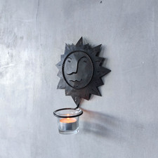 Sun face wall sconce tea light candle holder torch cut steel glass