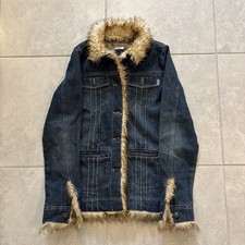 Vintage Y2K Billabong Denim Jacket Faux Fur Blue Trim Women's Sz Medium