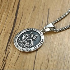 Titanium Steel Oval ST Christopher Pendant Necklace 24inch Box Chain For Mens UK