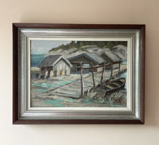 Vintage original coastal Swedish oil painting, framed and signed