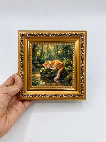 Orange cat forest stream art - stream,