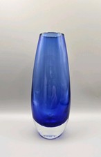 Vintage Swedish Blue Glass Hooped Vase Aseda Glasbruk by Bo Borgstrom - 17cm