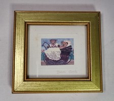 Sharon Jervis Miniature Art Watercolour Print of Teddy's & Pram in Gold Frame