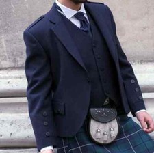 Men's Navy Blue Wool Kilt Jacket With Waistcoat Argyle Wedding Kilt Jacket