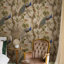 Taupe Peacock Woods Wallpaper