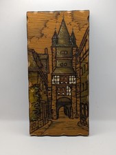 Bacharach German Hanging Art Plaque Wood Burned Pyrography Vintage 30cm x 15cm